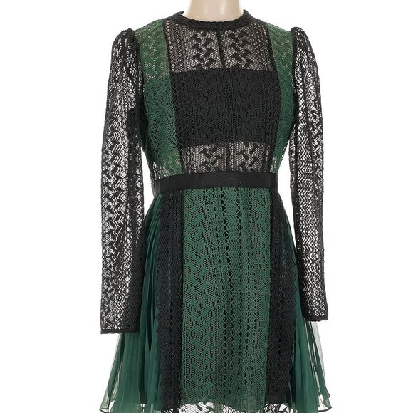 Self-Portrait Dresses & Skirts - Self-Portrait Round Neck Zip Up Green And Black Lace Mini Dress - Size 2